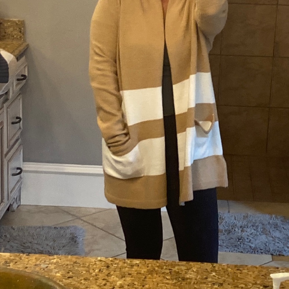 LOFT Camel and White Striped Open-Front Cardigan